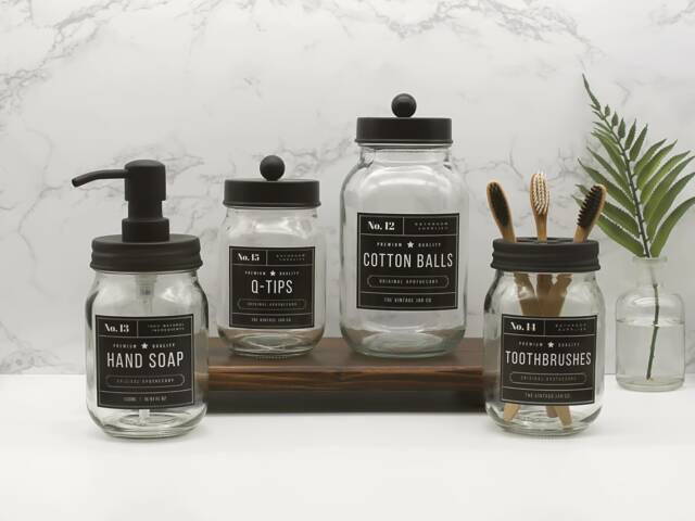 Glass Bathroom Accessories Soap Dispenser, Toothbrush Holder, Cotton Ball & Q-Tips Jars - Matte Black Lids - image 1