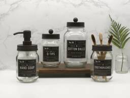 Glass Bathroom Accessories Soap Dispenser, Toothbrush Holder, Cotton Ball & Q-Tips Jars - Matte Black Lids - thumbnail 1