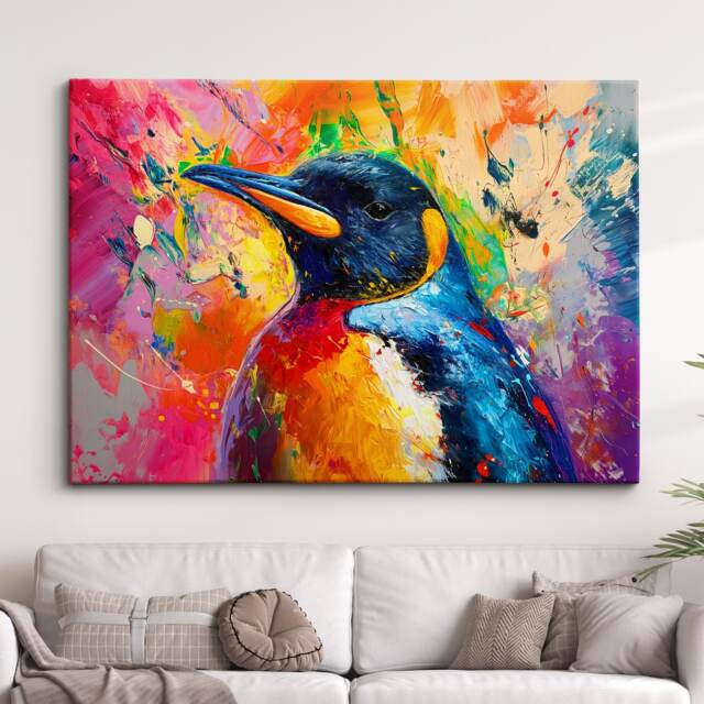 Penguin Animal Abstract Oil Painting Colourful Paint Splatter Style Wall Art Framed Canvas Poster Print, Home/Office Room Decor Gifts - image 1