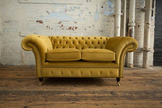 British Handmade 2 Seater Mustard Velvet Fabric Chesterfield Sofa - image 1