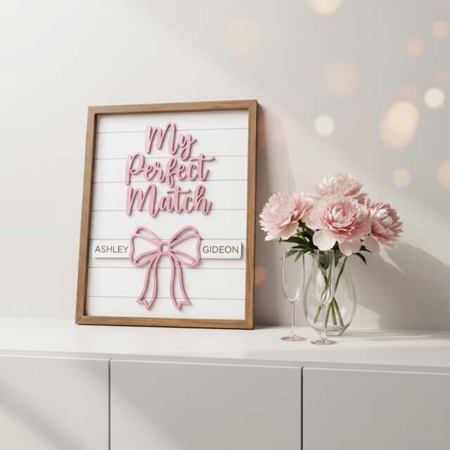 Custom Name Sign With Pink Bow My Perfect Match Wood Wall Decor Personalized Anniversary Gift For Wife Girlfriend Newlywed Home - image 1