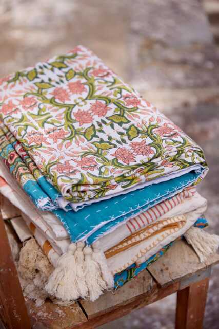 Floral Lotus Kantha Throw Blanket Hand Block Printed Indian Cotton Blanket, Turquoise Blue & Coral Accent For Sofa/Living Room/Bed - image 1