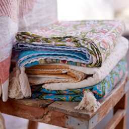 Floral Lotus Kantha Throw Blanket Hand Block Printed Indian Cotton Blanket, Turquoise Blue & Coral Accent For Sofa/Living Room/Bed - thumbnail 4