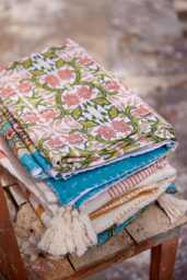 Floral Lotus Kantha Throw Blanket Hand Block Printed Indian Cotton Blanket, Turquoise Blue & Coral Accent For Sofa/Living Room/Bed