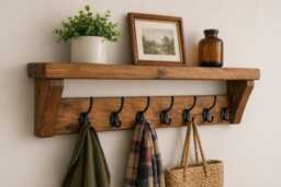 Rustic Coat Rack Shelf With 10 Black Hooks - Dark Oak Wax Finish Hallway Storage - thumbnail 1