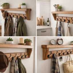 Rustic Coat Rack Shelf With 10 Black Hooks - Dark Oak Wax Finish Hallway Storage - thumbnail 3