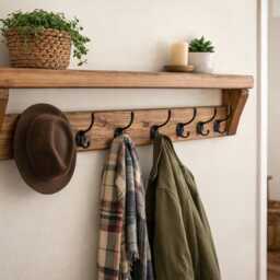 Rustic Coat Rack Shelf With 10 Black Hooks - Dark Oak Wax Finish Hallway Storage - thumbnail 2