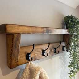 Rustic Coat Rack Shelf With 10 Black Hooks - Dark Oak Wax Finish Hallway Storage - thumbnail 4