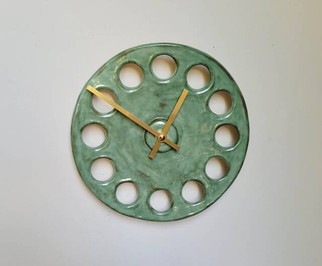 Hand Made Round Circular Green Turquoise Verdi Gris Glazed Ceramic Minimalist Wall Clock 25 cm 10 - image 1