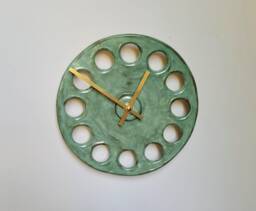 Hand Made Round Circular Green Turquoise Verdi Gris Glazed Ceramic Minimalist Wall Clock 25 cm 10