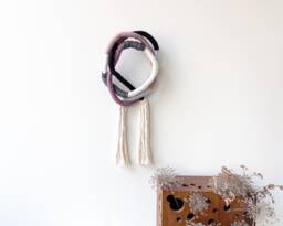 Boho Fiber Knot Wall Art For Living Room, Small Vertical Hanging, Fringed Purple Wrapped Rope Mural Decor