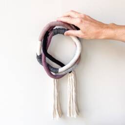 Boho Fiber Knot Wall Art For Living Room, Small Vertical Hanging, Fringed Purple Wrapped Rope Mural Decor - thumbnail 3