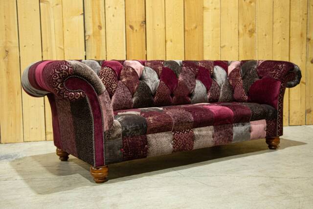 Unique British Handmade 3 Seater Mulberry Velvet Fabric Patchwork Chesterfield Sofa - image 1