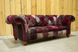 Unique British Handmade 3 Seater Mulberry Velvet Fabric Patchwork Chesterfield Sofa