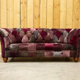 Unique British Handmade 3 Seater Mulberry Velvet Fabric Patchwork Chesterfield Sofa - thumbnail 2