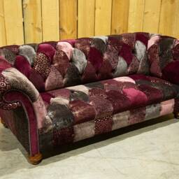 Unique British Handmade 3 Seater Mulberry Velvet Fabric Patchwork Chesterfield Sofa - thumbnail 3