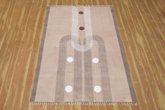 Handmade Block Print Cotton Rug Modern Beige Geometric Dhurrie - image 1