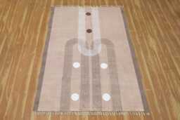 Handmade Block Print Cotton Rug Modern Beige Geometric Dhurrie - thumbnail 1