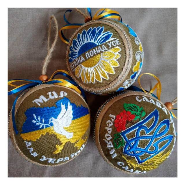 Set Ukrainian Christmas Ornaments, Embroidered Tree Set Of 3 Xmas Decorations, Handmade Embroidered Ukrainian Gifts - image 1