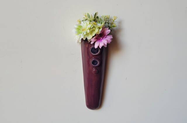 Hand Made Purple Ceramic & Glass Pottery Wall Hanging Vase Planter Indoor Outdoor - image 1