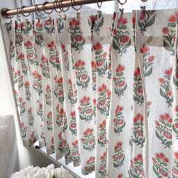This Red Poppy Fresh Lacefield Double Pleated Cafe Curtain Block Print Floral Cotton Linen Blend - thumbnail 2