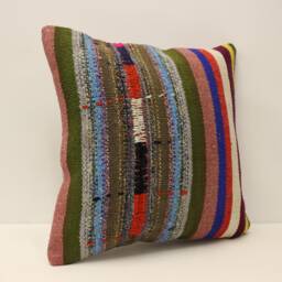Handmade Turkish Kilim Pillow Cover, Bohemian Wool Throw - 18x18 - thumbnail 2
