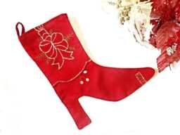 Christmas Stocking Red Fabric Boots Wall Decor Embroidery Decoration Santa Claus Shoe Satin Silver Gold Holiday Rustic Home Gift Booties - thumbnail 1