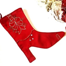 Christmas Stocking Red Fabric Boots Wall Decor Embroidery Decoration Santa Claus Shoe Satin Silver Gold Holiday Rustic Home Gift Booties - thumbnail 3