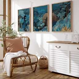 Tropical Jungle Wall Art Set Of 3 - Blue & Gold Botanical Prints Lush Forest Landscape Decor Modern Nature Artwork For Living Room - thumbnail 2