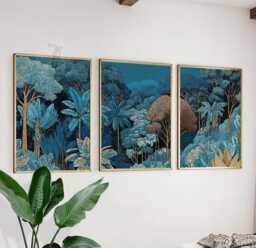 Tropical Jungle Wall Art Set Of 3 - Blue & Gold Botanical Prints Lush Forest Landscape Decor Modern Nature Artwork For Living Room - thumbnail 1