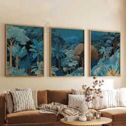 Tropical Jungle Wall Art Set Of 3 - Blue & Gold Botanical Prints Lush Forest Landscape Decor Modern Nature Artwork For Living Room - thumbnail 3