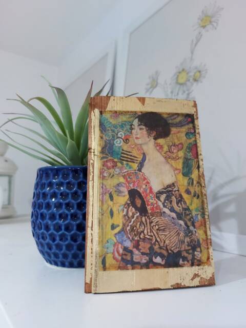 Gustav Klimt Lady With Fan Wooden Wall Art Gold Symbolist Portrait - image 1