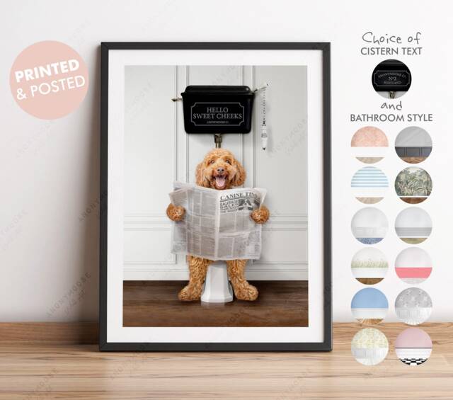 Red Cockapoo Dog On Toilet With Newspaper, Victorian Toilet, Funny Bathroom Print, Animal Paper, Whimsy - image 1