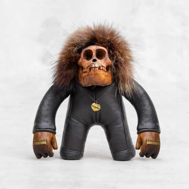 Handmade Leather Monkey Skull Art Toy Reclaimed Wood & Fur Figure - Ludo - image 1