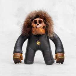 Handmade Leather Monkey Skull Art Toy Reclaimed Wood & Fur Figure - Ludo - thumbnail 1