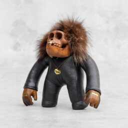 Handmade Leather Monkey Skull Art Toy Reclaimed Wood & Fur Figure - Ludo - thumbnail 2