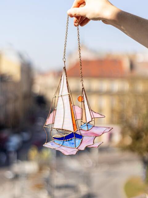 Pink Stain Glass Suncatcher Boat Ship Home Decor Window Wall Nautical Modern Christmas Mothers Gift House Picture Hangings Ocean Sea - image 1