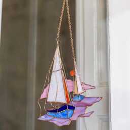 Pink Stain Glass Suncatcher Boat Ship Home Decor Window Wall Nautical Modern Christmas Mothers Gift House Picture Hangings Ocean Sea - thumbnail 3