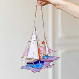 Pink Stain Glass Suncatcher Boat Ship Home Decor Window Wall Nautical Modern Christmas Mothers Gift House Picture Hangings Ocean Sea - thumbnail 2