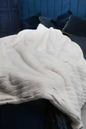Cream Stripe Faux Fur Throw Beige Sheepskin Lining, Handmade - thumbnail 1