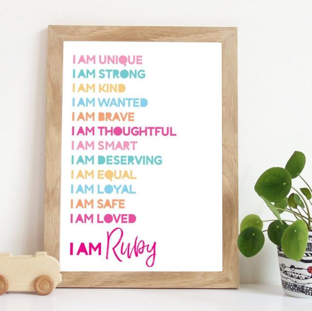 Girls Positive Affirmation Print, Bedroom Decor, I Am Nursery Prints, Playroom Wall Art, Motivational Quote - image 1