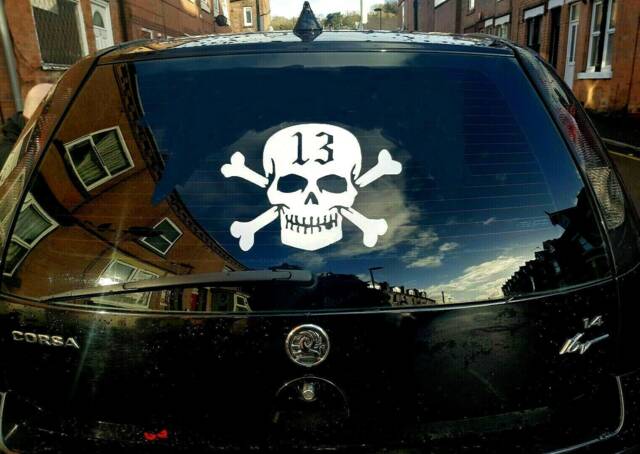Medium 12 Inch Skull Crossbones Lucky 13 Vinyl Car Bonnet Side Sticker Decal Graphic Wall Art Van Lorry Motorhome Campervan Cross Bones