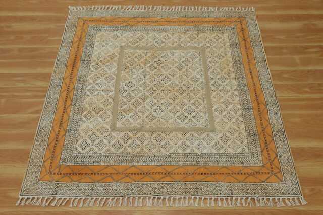 Hand Block Print Cotton Rug - Bohemian Style Area With Tassels - image 1