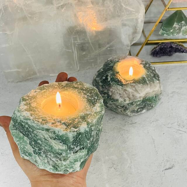 Green Quartz Crystal Tea Light Candle Holder - Hand Cut - image 1