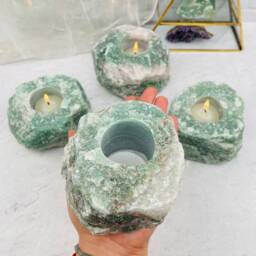 Green Quartz Crystal Tea Light Candle Holder - Hand Cut - thumbnail 2