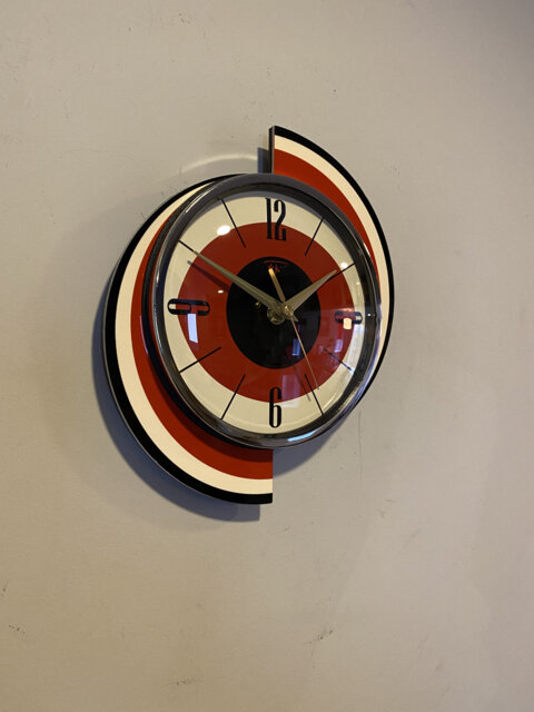 Midcentury Wall Clock Red Cream & Black Atomic Formica Meteor Design - image 1
