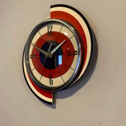 Midcentury Wall Clock Red Cream & Black Atomic Formica Meteor Design - thumbnail 3