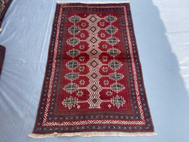 3x4 Vintage Afghan Tribal Rug - Hand-Knotted Wool Small Area Carpet Red Cream & Black Geometric Pattern Bohemian Accent Gift - image 1