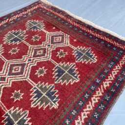 3x4 Vintage Afghan Tribal Rug - Hand-Knotted Wool Small Area Carpet Red Cream & Black Geometric Pattern Bohemian Accent Gift - thumbnail 3