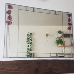 Art Deco Mackintosh Style Large UK Handmade Stained Glass Mirror Poppies 60x90cm 2x3Ft - thumbnail 2